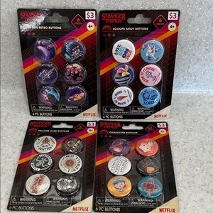 24 STRANGER THINGS Buttons 80s Retro~Scoops Ahoy~Characters~Hellfire Club NEW